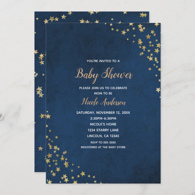 Gold & Blue Twinkle Stars Celestial Baby Shower Invitation (Front/Back)