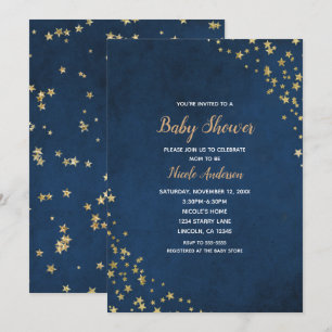 Gold & Blue Twinkle Stars Celestial Baby Shower Invitation