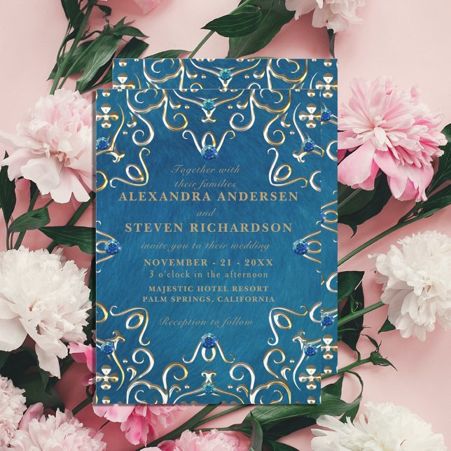 Gold Blue Velvet Classy Luxury Wedding Invitation (Creator Uploaded)