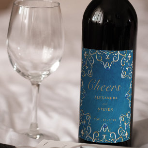 Gold Blue Velvet Classy Luxury Wedding Wine Label