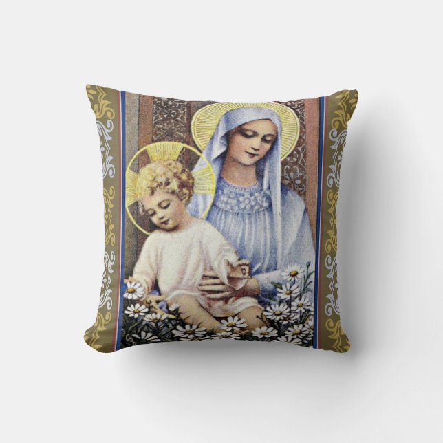 Gold/Blue Virgin holding Baby Jesus with border Cushion (Front)