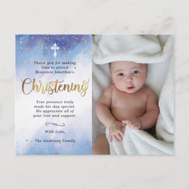 Gold & Blue Watercolor Christening Photo Thank You Postcard (Front)