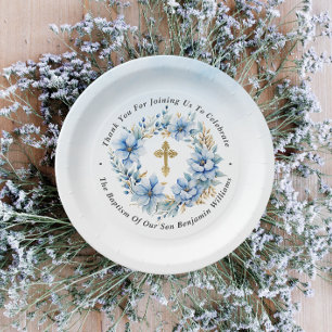 Gold & Blue Watercolor Floral Boy Baptism Paper Plate