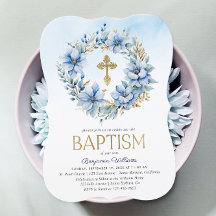 Gold & Blue Watercolor Floral Photo Boy Baptism