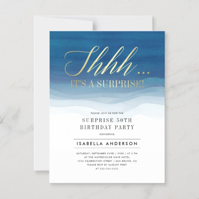 Gold & Blue Watercolor Surprise Birthday Magnetic Invitation (Front)