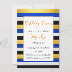 Gold Blue White Black Stripes Luxury Modern Trendy Invitation