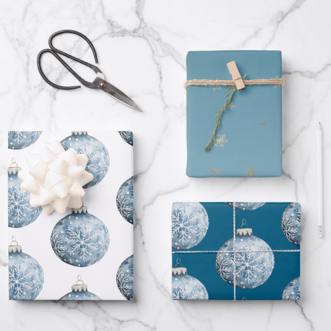 Gold Blue White Christmas Snowflakes Ornaments Wrapping Paper Sheet (Front)