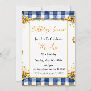 Gold Blue White Gingham Luxury Modern Trendy Chic Invitation