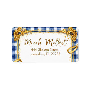 Gold Blue White Gingham Luxury Return Address Label