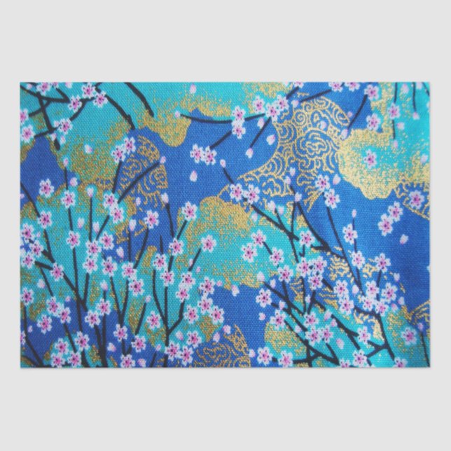 Gold Blue White Japanese Kimono Floral Decoupage Tissue Paper (Front)
