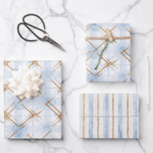 Gold Blue White Stripes Bridal Shower Wrapping Paper Sheet