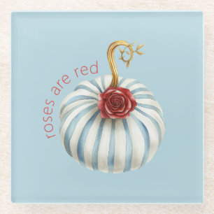 Gold Blue White Stripes Red Rose Pumpkin Glass Coaster