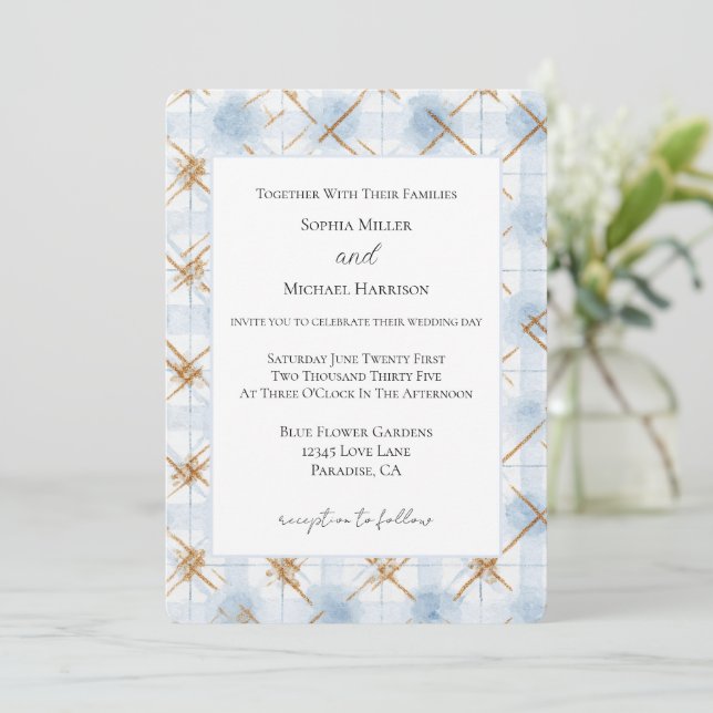 Gold Blue White Stripes Wedding Invitation (Standing Front)