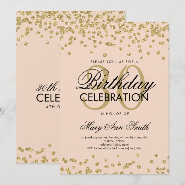 Gold Blush 30th Birthday Glitter Confetti Invitation (Front/Back)