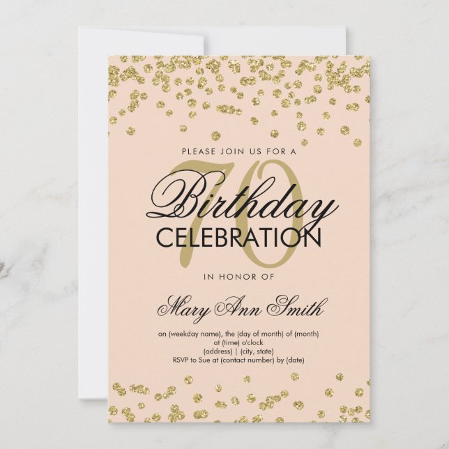 Gold Blush 70th Birthday Party Glitter Confetti Invitation (Front)