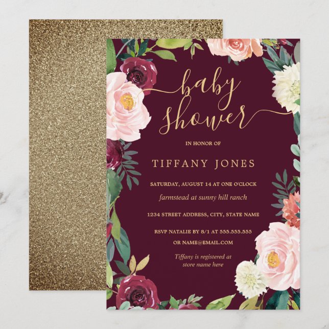 Gold Blush Burgundy Floral Baby Shower Invite (Front/Back)