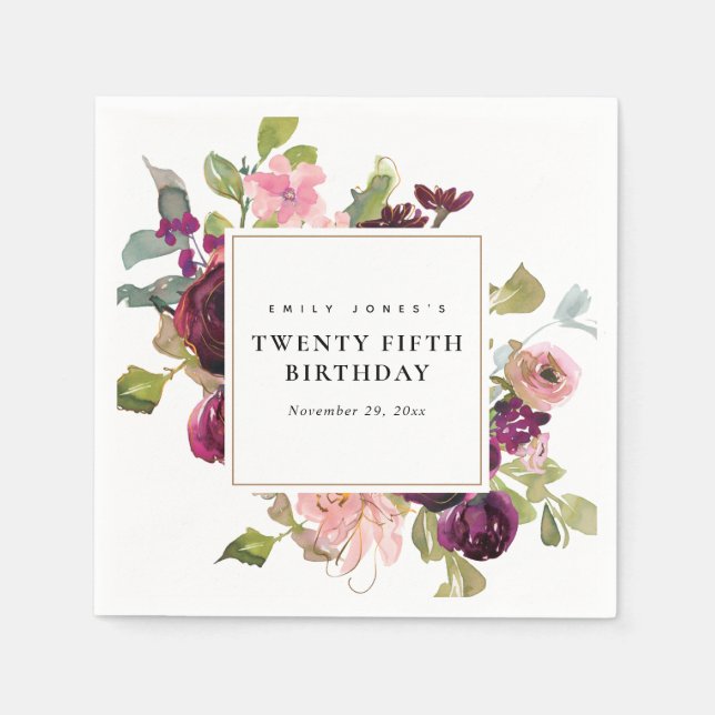 GOLD BLUSH BURGUNDY ROSE FLORAL ANY AGE BIRTHDAY NAPKIN (Front)