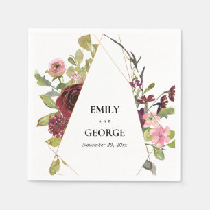 GOLD BLUSH BURGUNDY ROSE WATERCOLOR FLORAL WEDDING NAPKIN