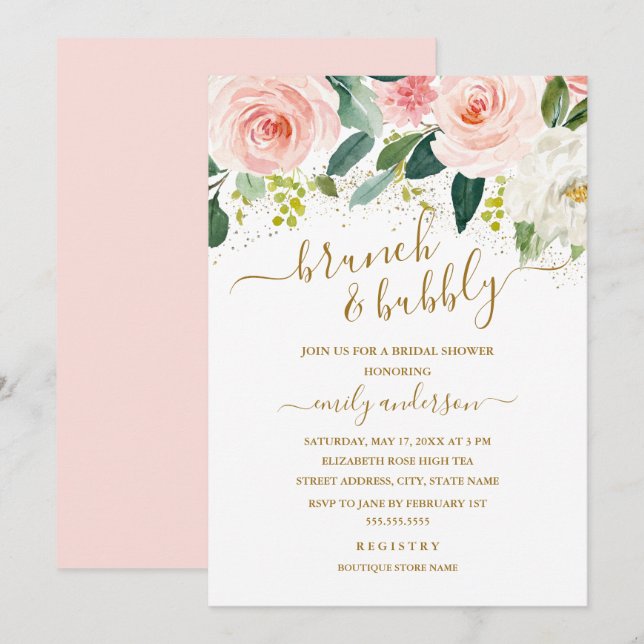 Gold Blush Floral Brunch And Bubbly Bridal Shower Invitation (Front/Back)