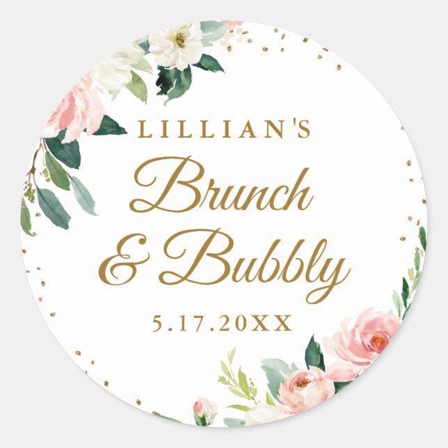 Gold Blush Floral Brunch And Bubbly Classic Round Sticker (Front)
