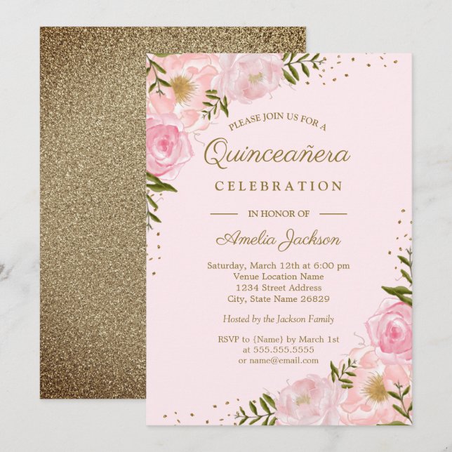 Gold Blush Floral Watercolor Quinceanera Invitation (Front/Back)