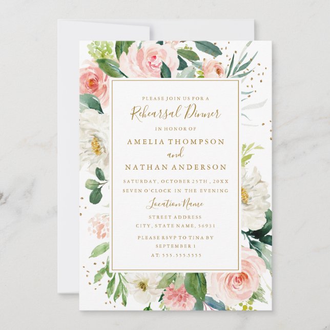 Gold Blush Floral Wedding Rehearsal Dinner Invitation (Front)