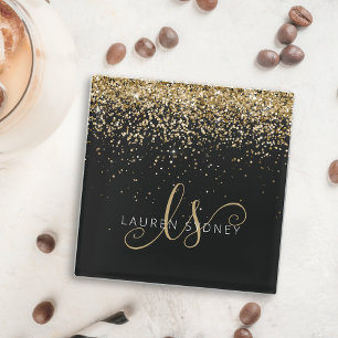 Gold Blush Glitter Glam Monogram Name Glass Coaster