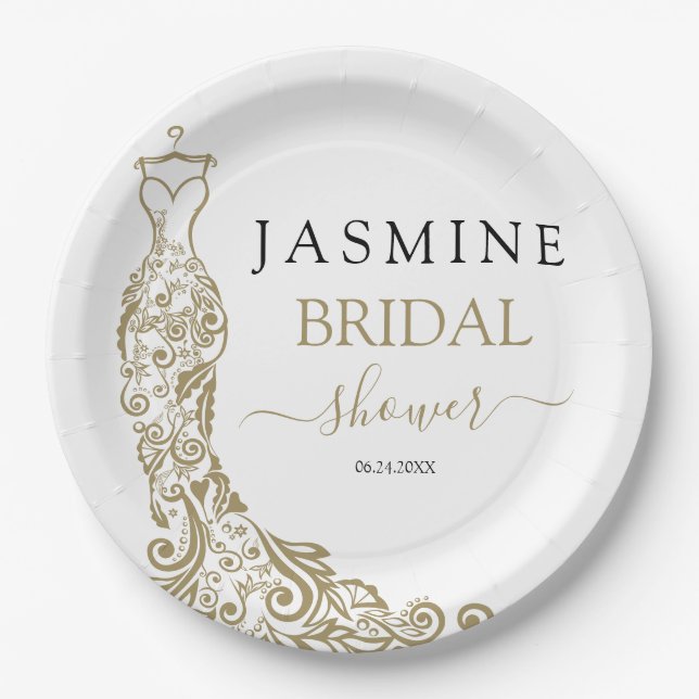 Gold Blush Gown Bridal Shower Paper Plate (Front)