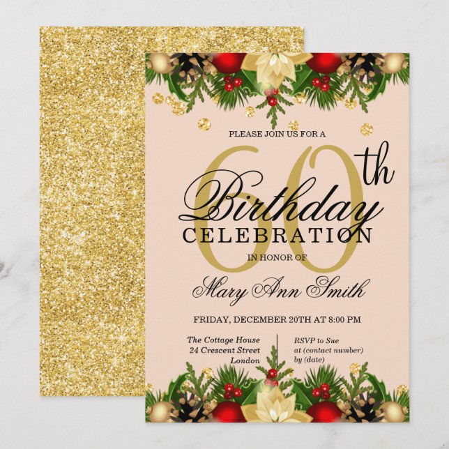 Gold & Blush Holiday Glitter 60th Birthday Party Invitation (Front/Back)