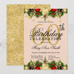 Gold & Blush Holiday Glitter 60th Birthday Party Invitation