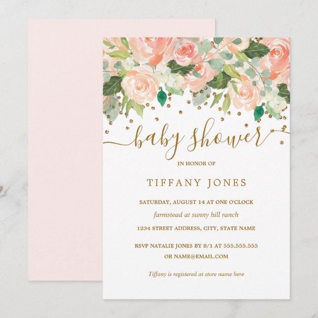 Gold Blush Peach Floral Watercolor Baby Shower Invitation (Front/Back)