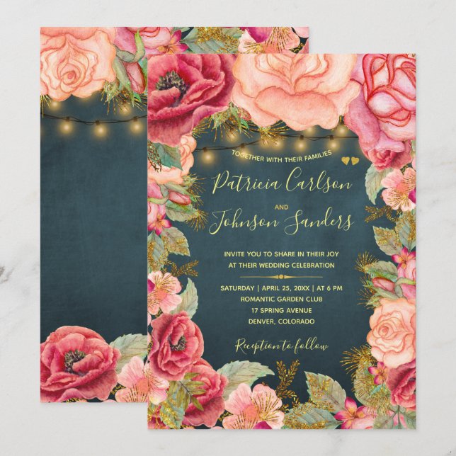 Gold blush peonies and lights on navy wedding invitation (Front/Back)