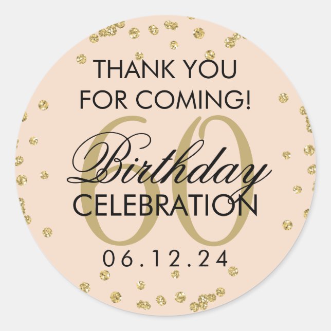 Gold Blush Pink 60th Birthday Thank You Confetti Classic Round Sticker (Front)