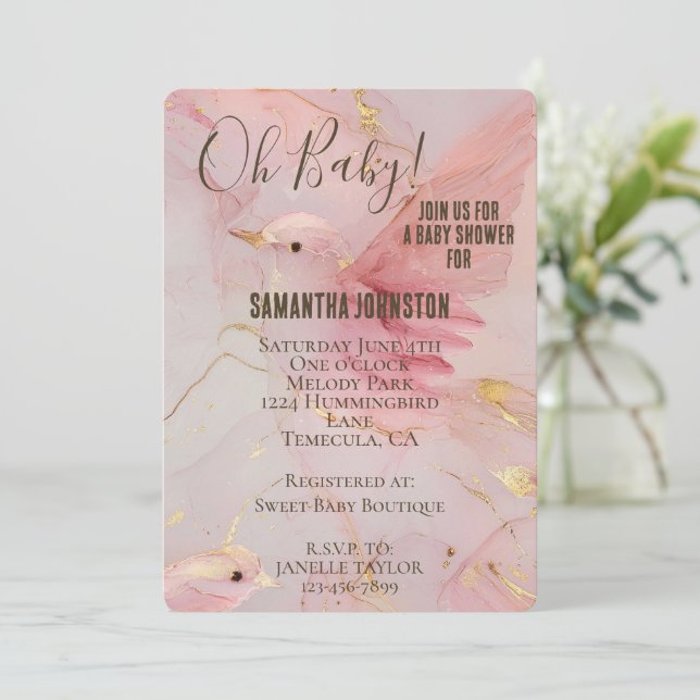 Gold Blush Pink Birds Baby Shower  Invitation (Standing Front)