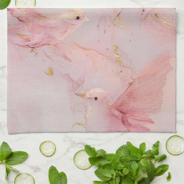 Gold Blush Pink Birds  Tea Towel (Folded)
