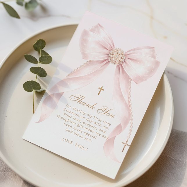 Gold Blush Pink Bow Baptism Thank You Card (Creator Uploaded)