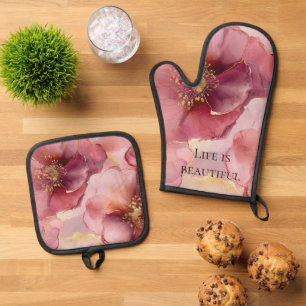 Gold Blush Pink Burgundy Floral Bridal Shower Oven Mitt & Pot Holder Set