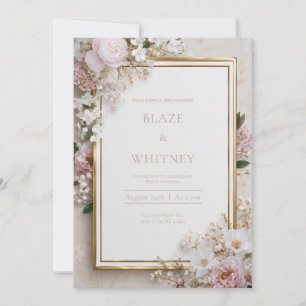 Gold Blush Pink Cherry Blossom Floral Wedding Invitation