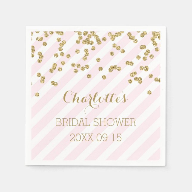 Gold Blush Pink Confetti Stripes Bridal Shower Napkin (Front)