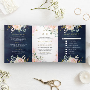 Gold Blush Pink Floral All in One Navy Wedding Tri-Fold Invitation