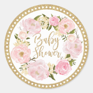 Gold Blush Pink Floral Baby Shower Favour Sticker