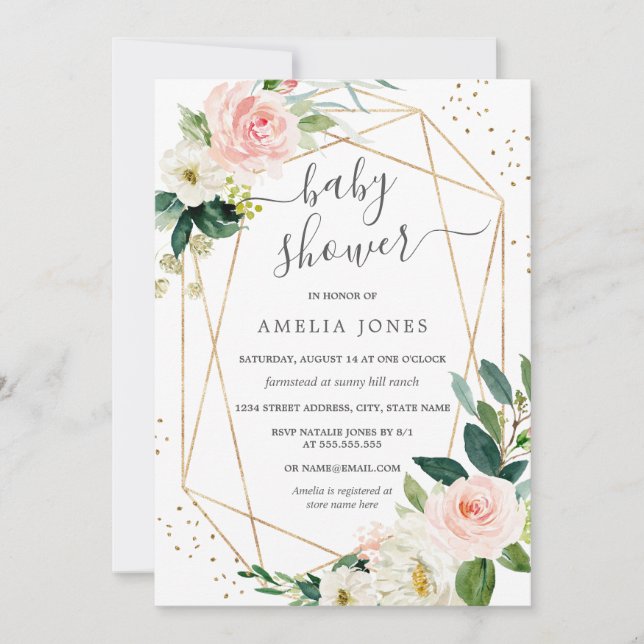 Gold Blush Pink Floral Baby Shower Invitation (Front)