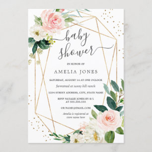 Gold Blush Pink Floral Baby Shower Invitation