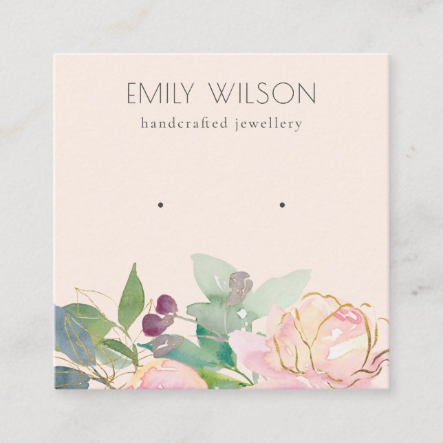 Gold Blush Pink Floral Bunch Earring Display Square Business Card (Front)