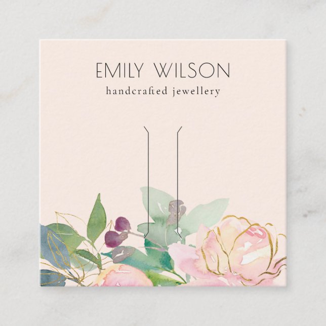 Gold Blush Pink Floral Bunch Hair Clip Display Square Business Card (Front)