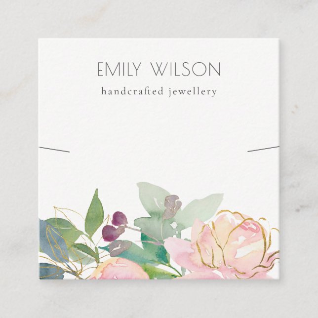 Gold Blush Pink Floral Bunch Necklace Display  Square Business Card (Front)