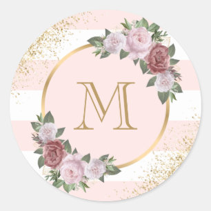 Gold Blush Pink Floral Monogram Classic Round Sticker