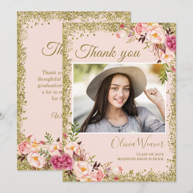 Gold Blush Pink Floral Photo Graduation Thank You Invitation (Front/Back)
