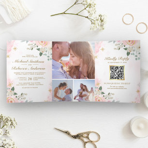 Gold Blush Pink Floral Photo QR Code Wedding Tri-Fold Invitation