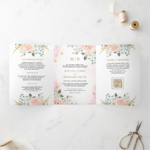 Gold Blush Pink Floral QR Code All in One Wedding Tri-Fold Invitation